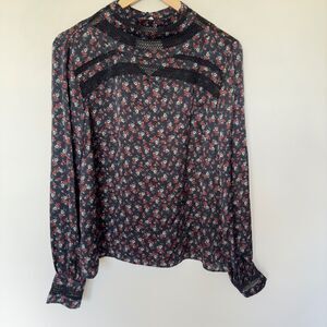 INTERMIX Women’s 8 Black Floral Silk Mock Neck Long Sleeve Lace Insert Blouse 8
